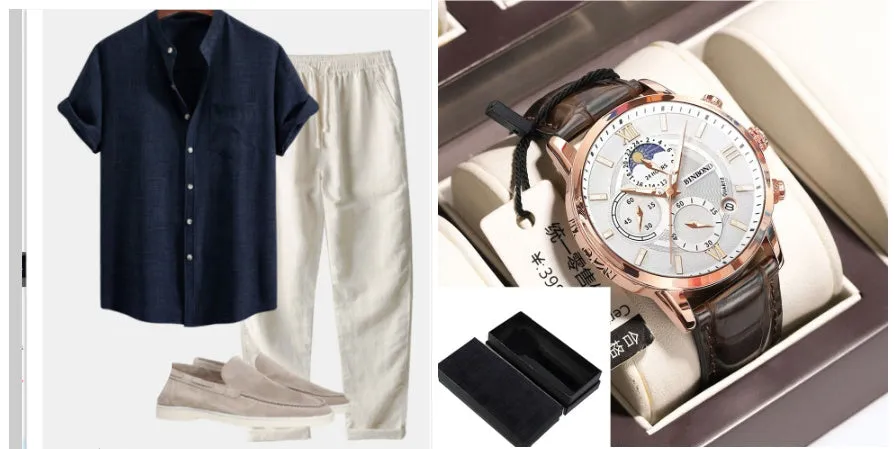 Men's slim-fit short-sleeved shirt with stand collar and digital print, shown with matching pants, shoes, and watch.