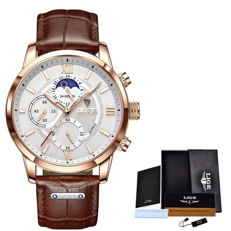 Men's slim-fit short-sleeved shirt with stand collar and digital print, shown with matching pants, shoes, and watch.
