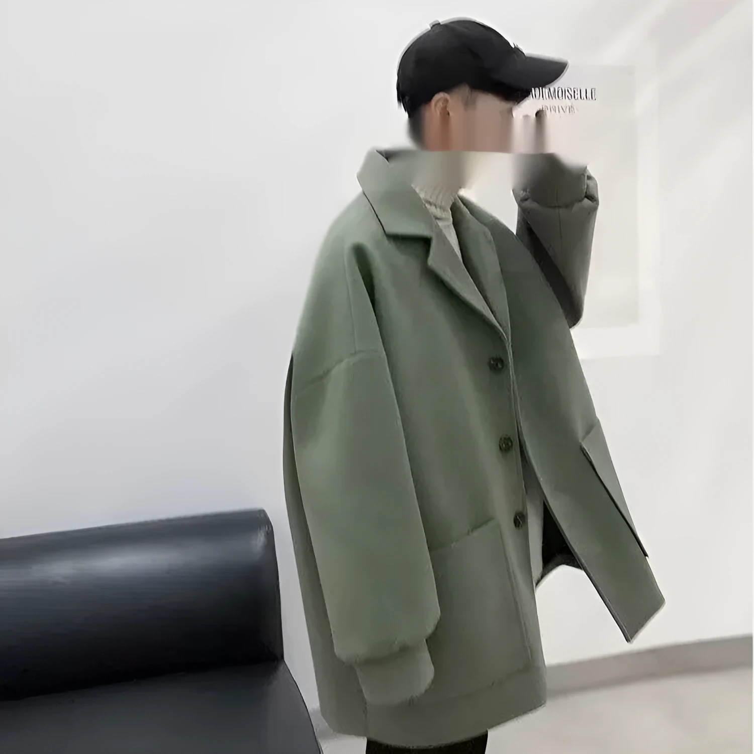 Men's loose Hong Kong style suit jacket in black plaid pattern with long sleeves
