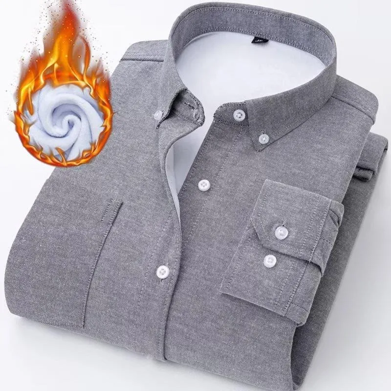 Oxford flannel long-sleeve casual brushed fleece-lined thick warm shirt for men in navy blue