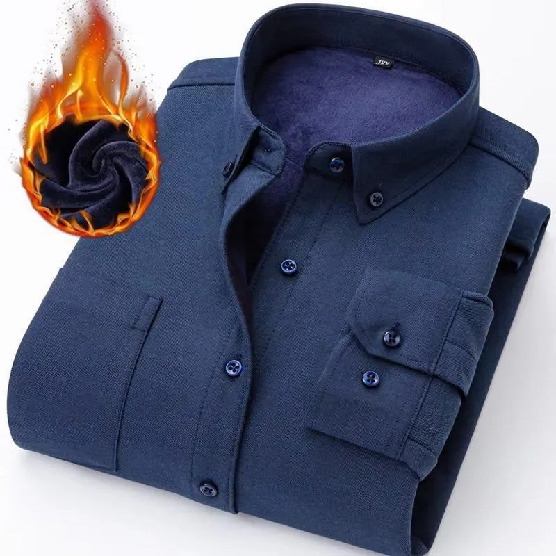 Oxford flannel long-sleeve casual brushed fleece-lined thick warm shirt for men in navy blue