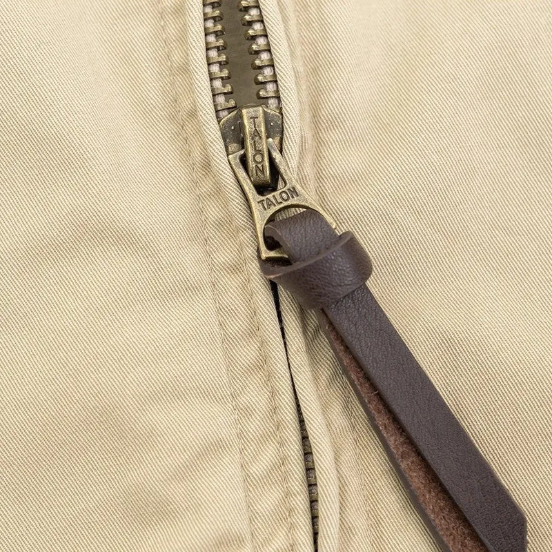 Classic khaki retro cadre collar zip thin jacket for men, loose fit, long sleeves, front view