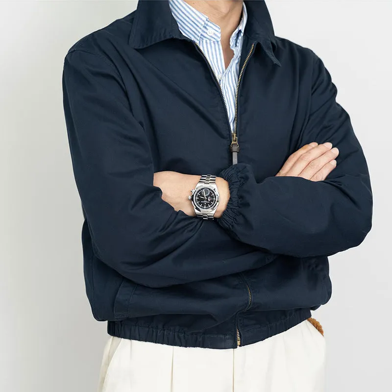 Classic khaki retro cadre collar zip thin jacket for men, loose fit, long sleeves, front view