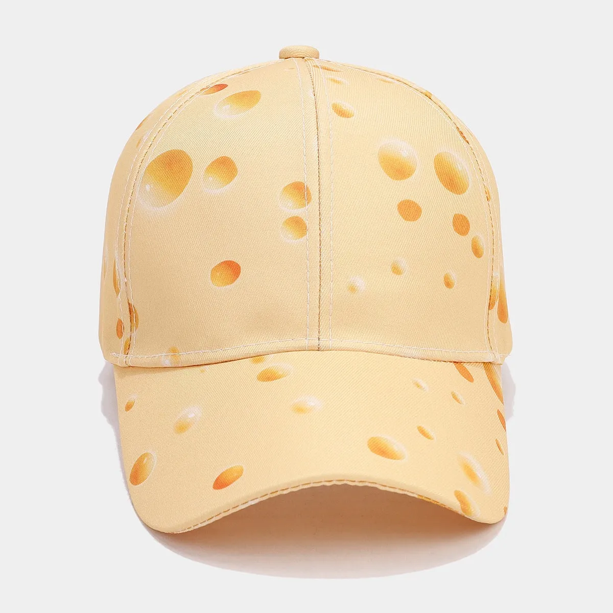 Cheese pattern printed peaked cap with adjustable size and dome crown