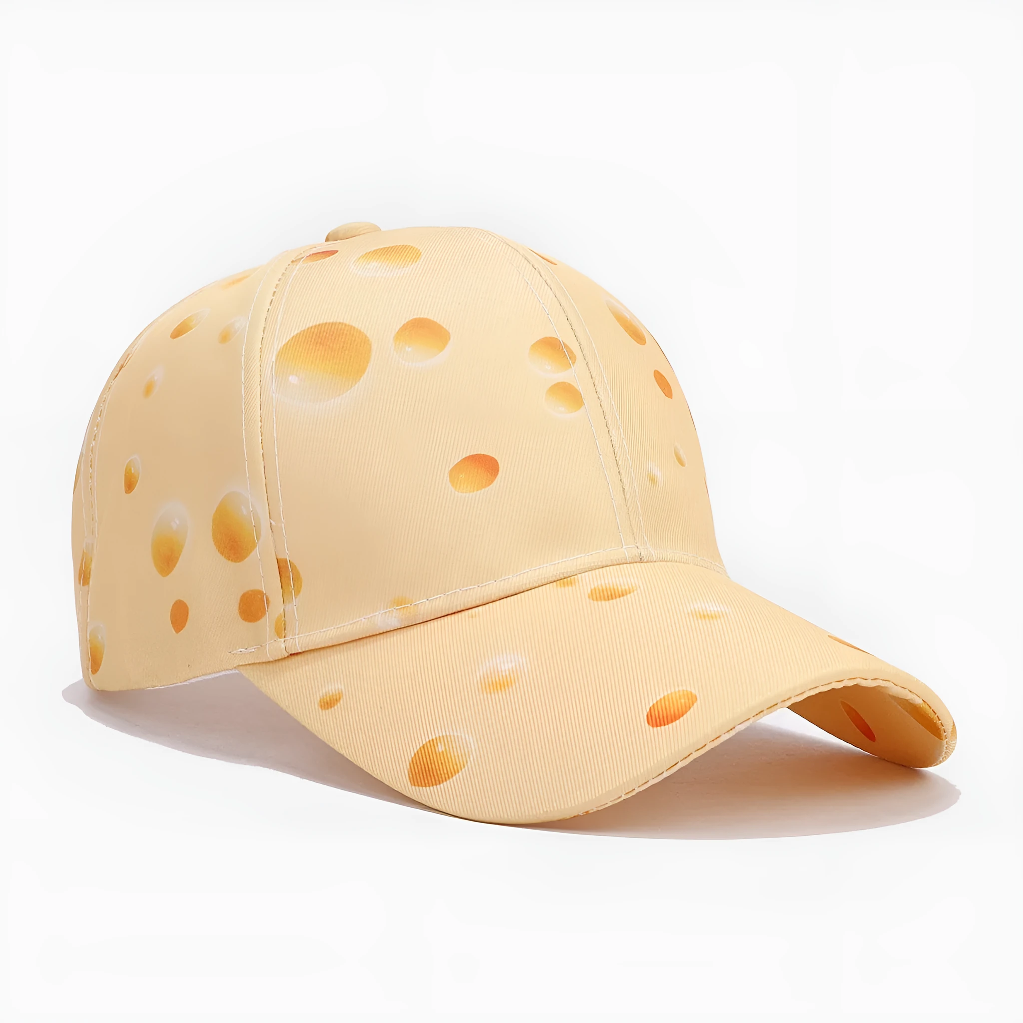Cheese pattern printed peaked cap with adjustable size and dome crown