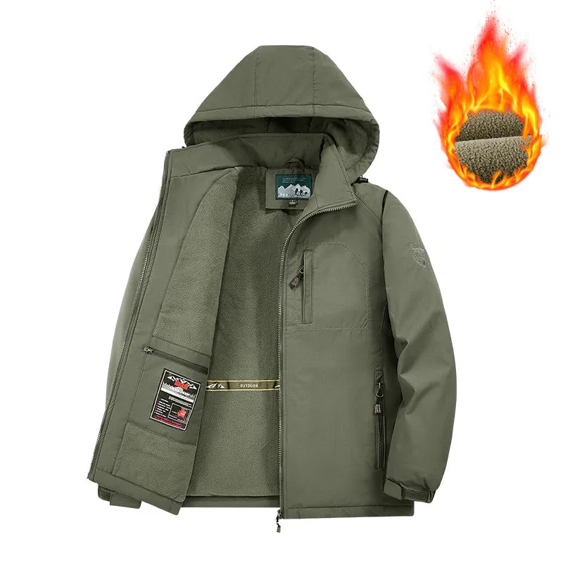 New men's detachable hooded thickened cotton jacket with fleece lining in army green, polyester construction, straight hem