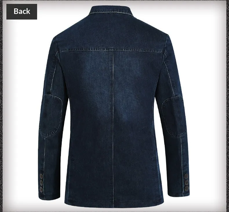 Casual solid colour cotton denim suit jacket for men, slim fit, top patch pockets, light blue