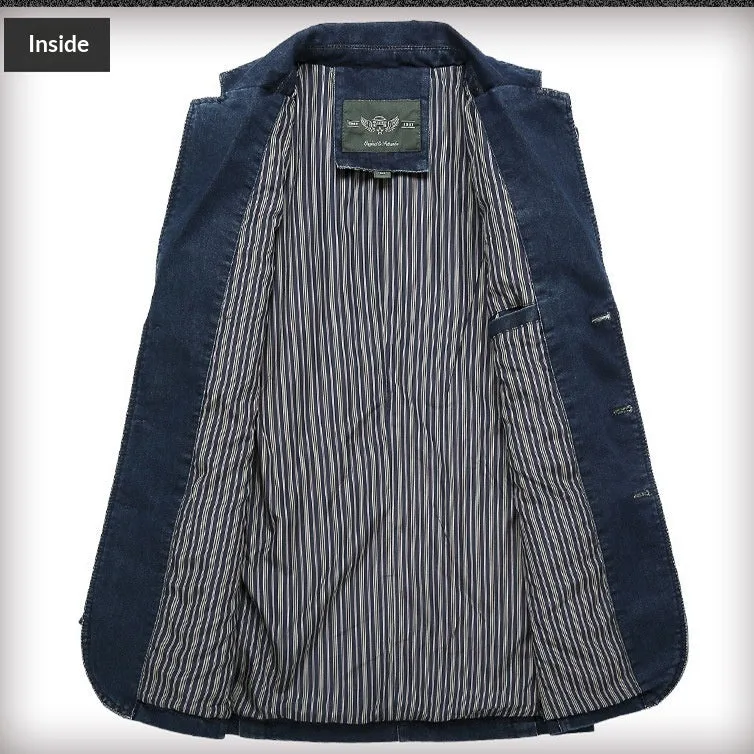 Casual solid colour cotton denim suit jacket for men, slim fit, top patch pockets, light blue