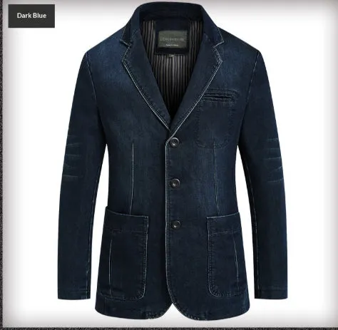 Casual solid colour cotton denim suit jacket for men, slim fit, top patch pockets, light blue