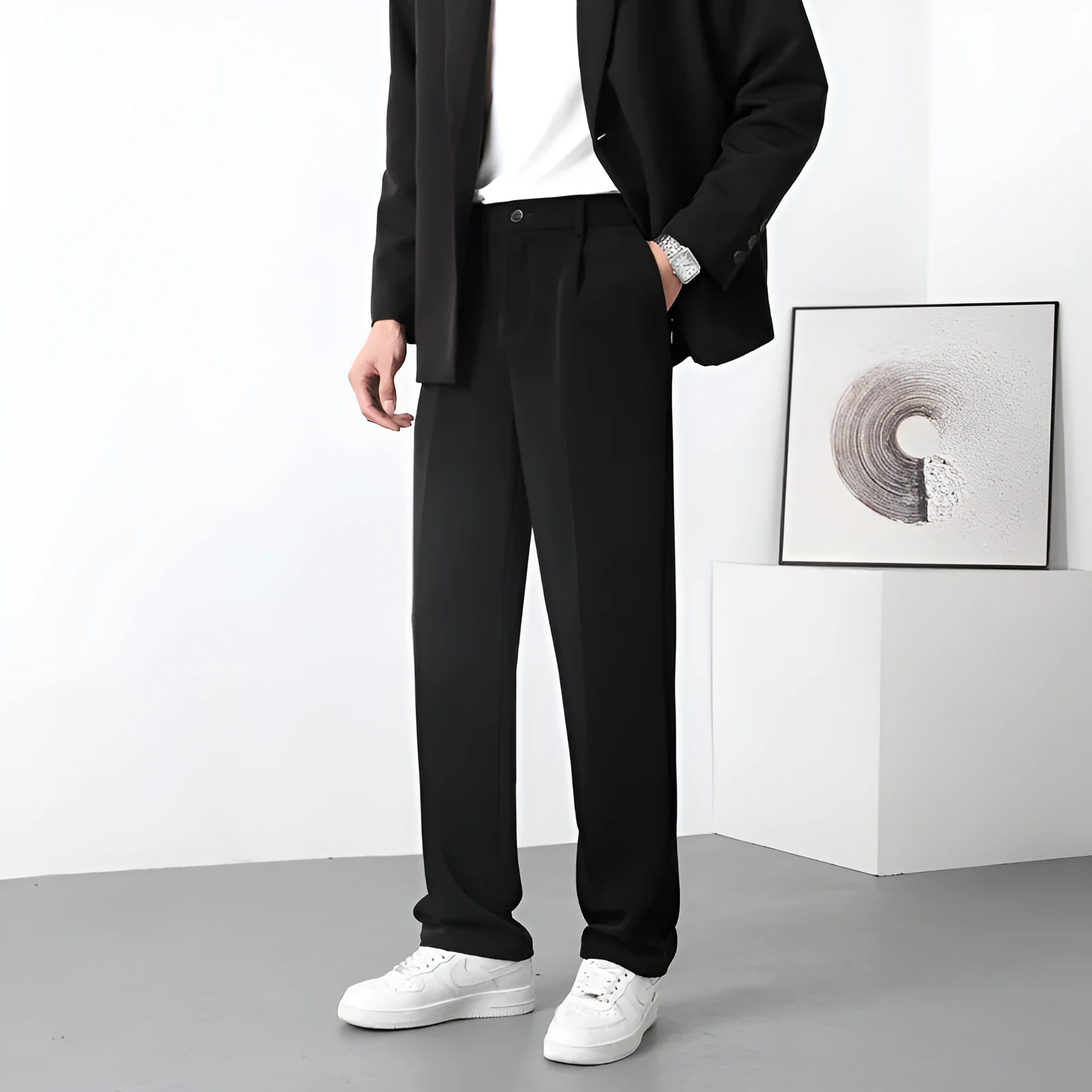 Men's casual fleece-lined trousers in solid colour, mid waist, zipper fly, Ice Silk fabric, loose fit