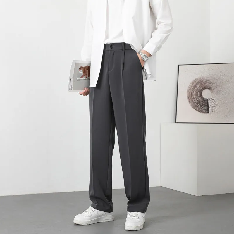 Men's casual fleece-lined trousers in solid colour, mid waist, zipper fly, Ice Silk fabric, loose fit