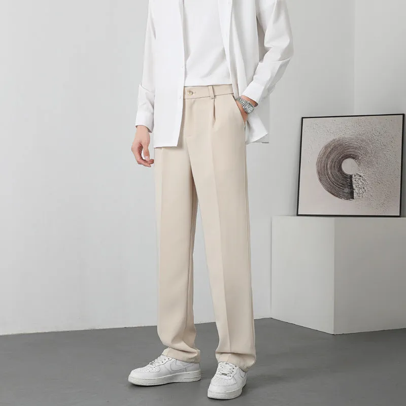 Men's casual fleece-lined trousers in solid colour, mid waist, zipper fly, Ice Silk fabric, loose fit