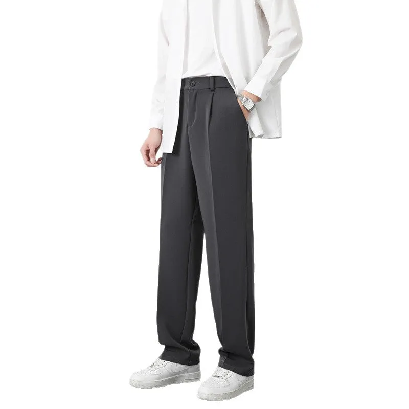 Men's casual fleece-lined trousers in solid colour, mid waist, zipper fly, Ice Silk fabric, loose fit