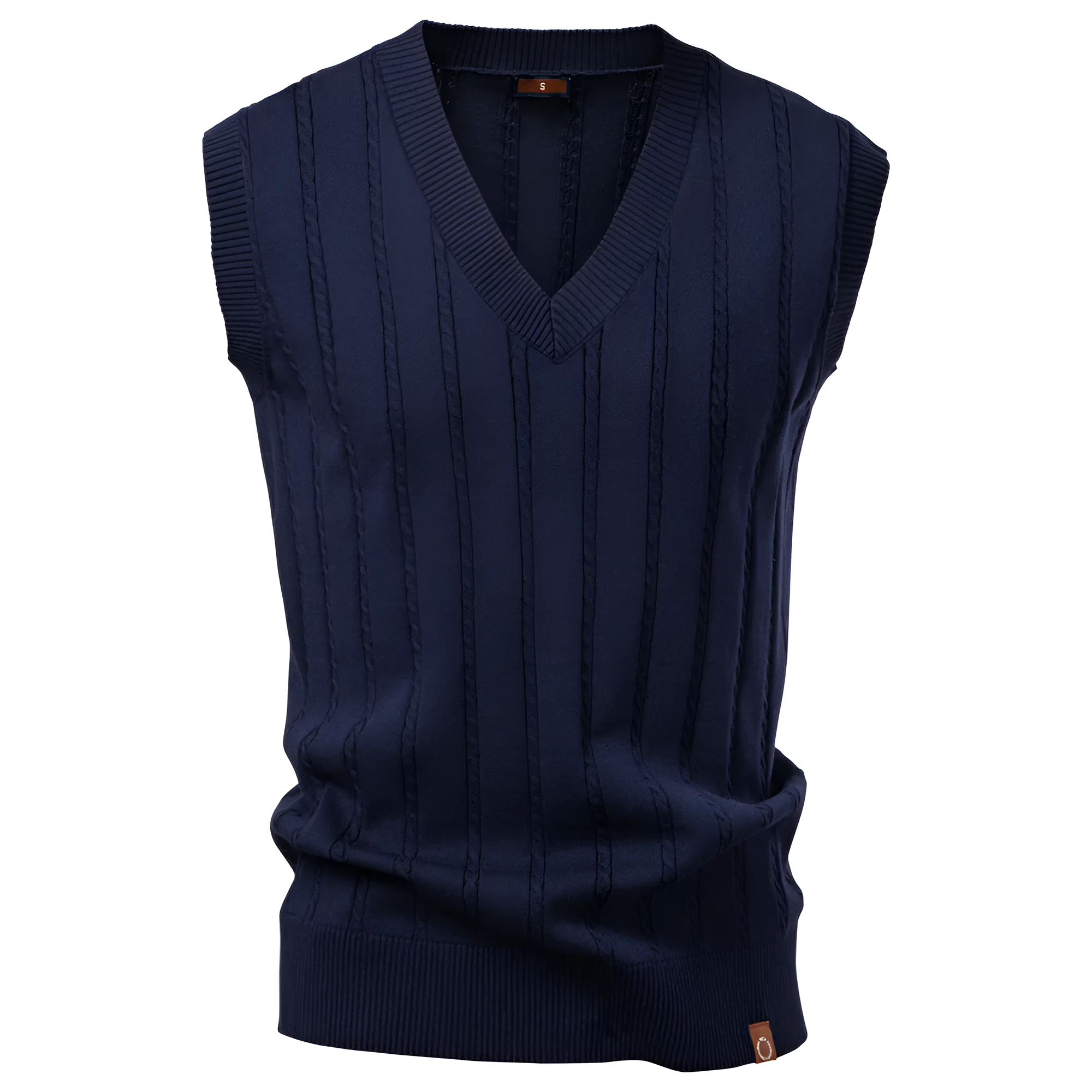 Men's European size V-neck twist sweater vest in dark blue, slim fit, viscose blend