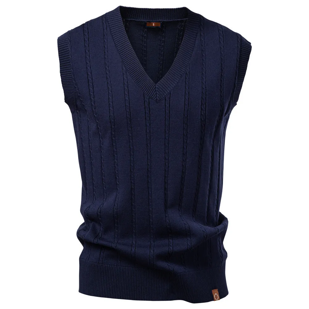 Men's European size V-neck twist sweater vest in dark blue, slim fit, viscose blend