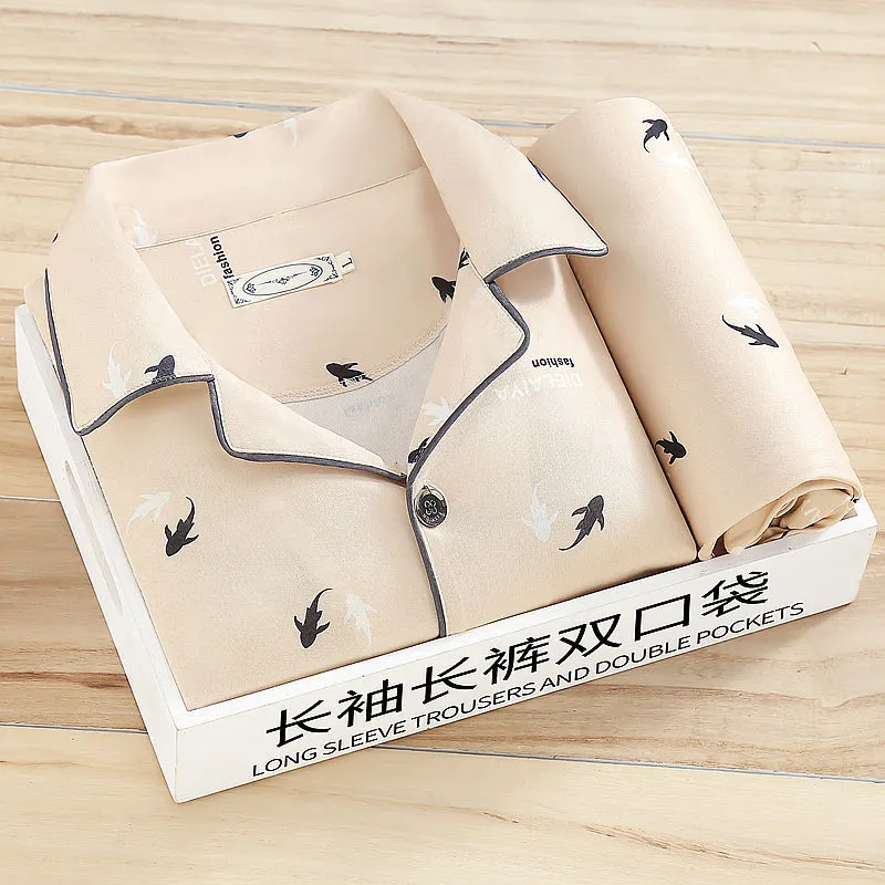 Men's long-sleeved milk silk homewear suit with cardigan top and trousers, available in grey stripe