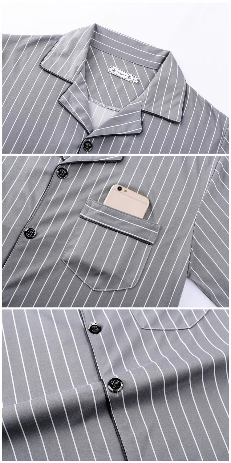 Men's long-sleeved milk silk homewear suit with cardigan top and trousers, available in grey stripe