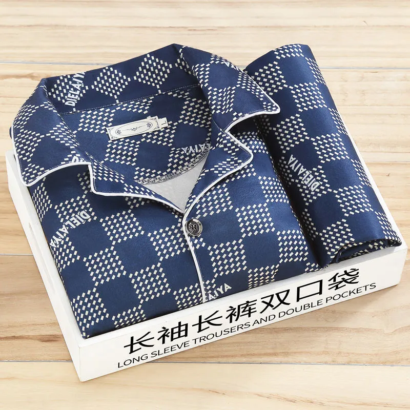 Men's long-sleeved milk silk homewear suit with cardigan top and trousers, available in grey stripe