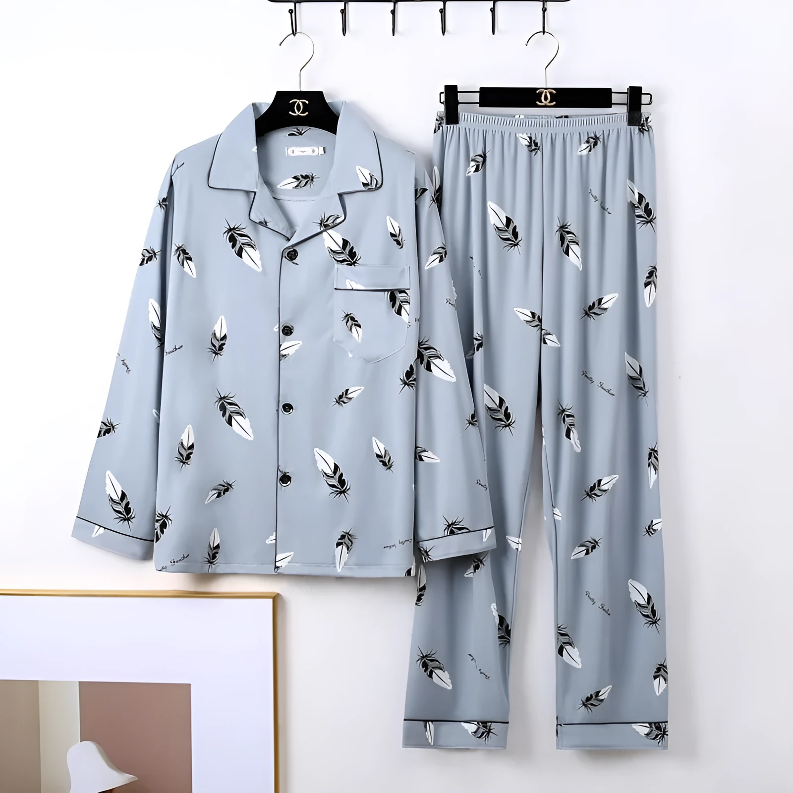Men's long-sleeved milk silk homewear suit with cardigan top and trousers, available in grey stripe