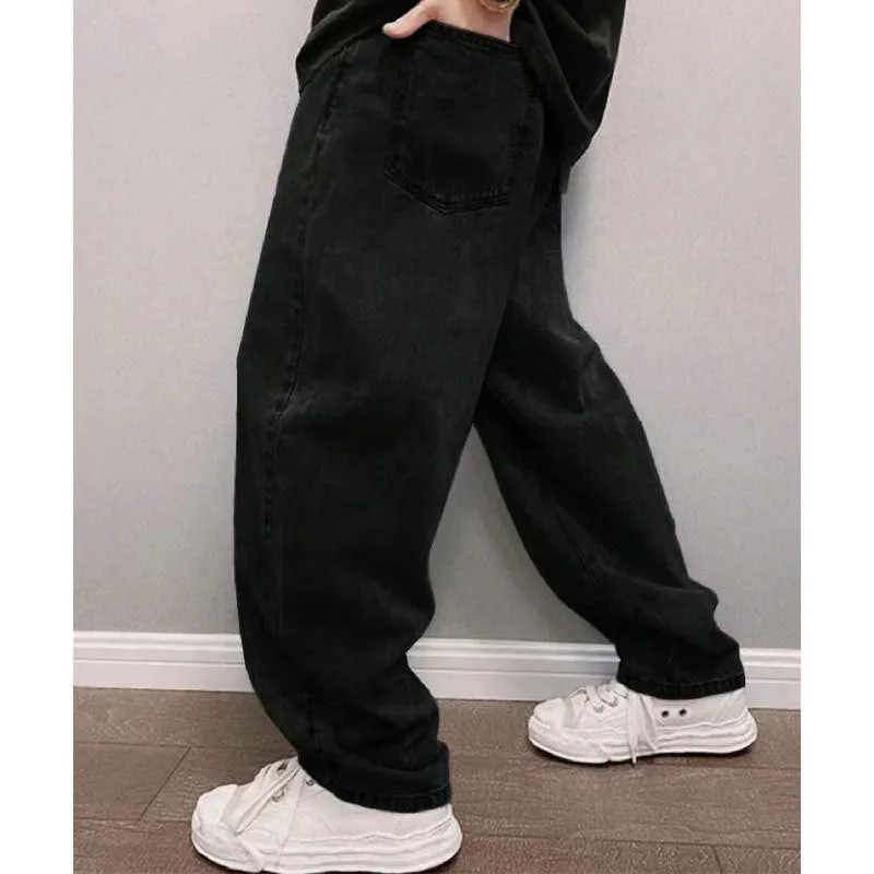 Men's non-elastic button waist casual jeans in denim cotton, high waist, blue colour, side view