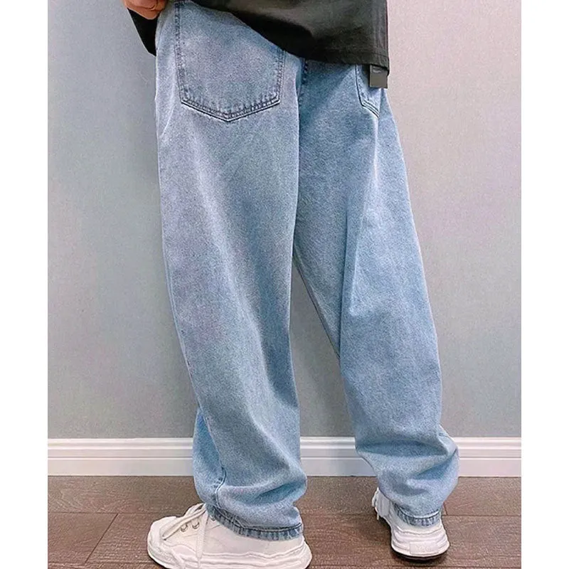 Men's non-elastic button waist casual jeans in denim cotton, high waist, blue colour, side view