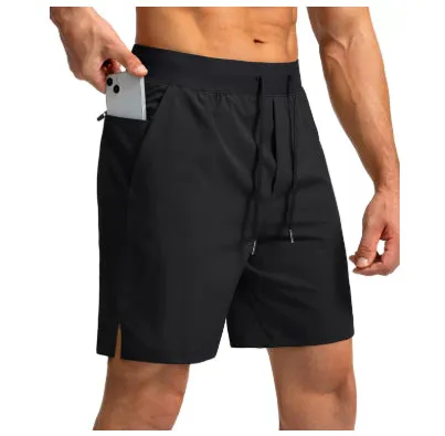 Men's loose nylon quick-dry sports shorts in black, side view, summer training wear