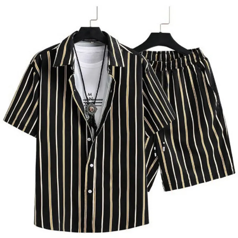 Men's digital print short sleeve shirt and matching shorts in elastic polyester fabric