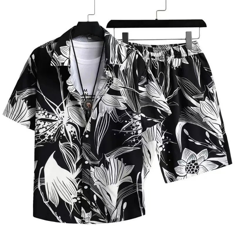 Men's digital print short sleeve shirt and matching shorts in elastic polyester fabric