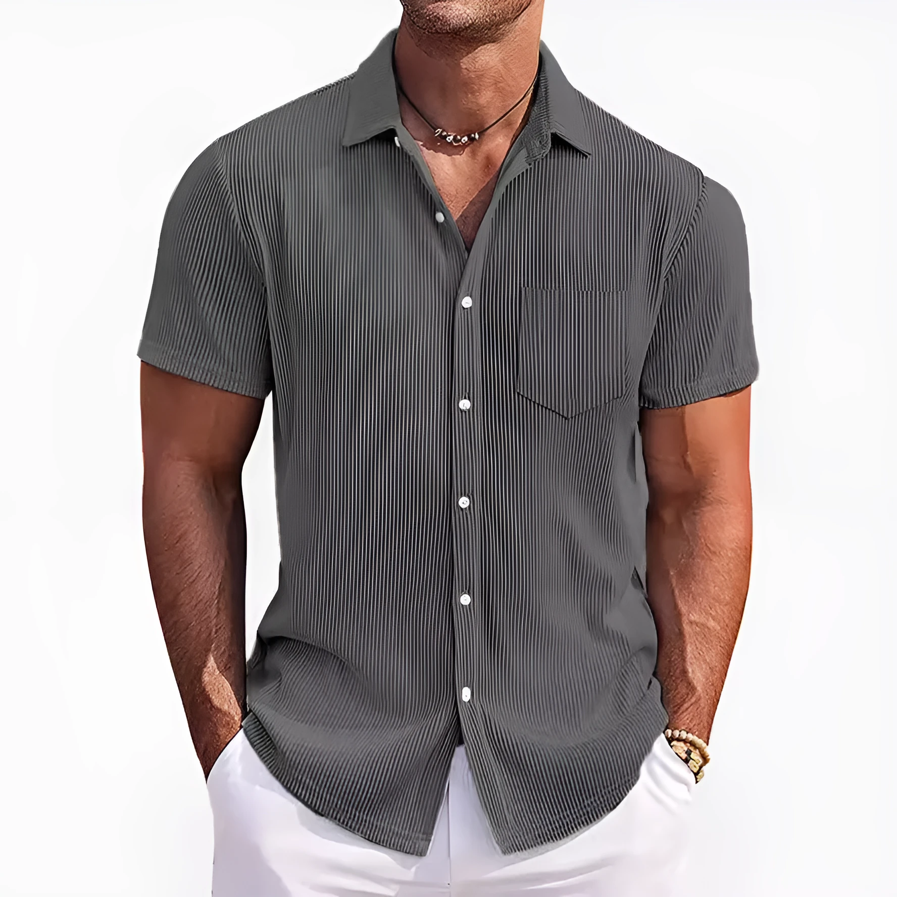 Men's loose fit short-sleeved casual shirt in a solid colour with vertical stripes.