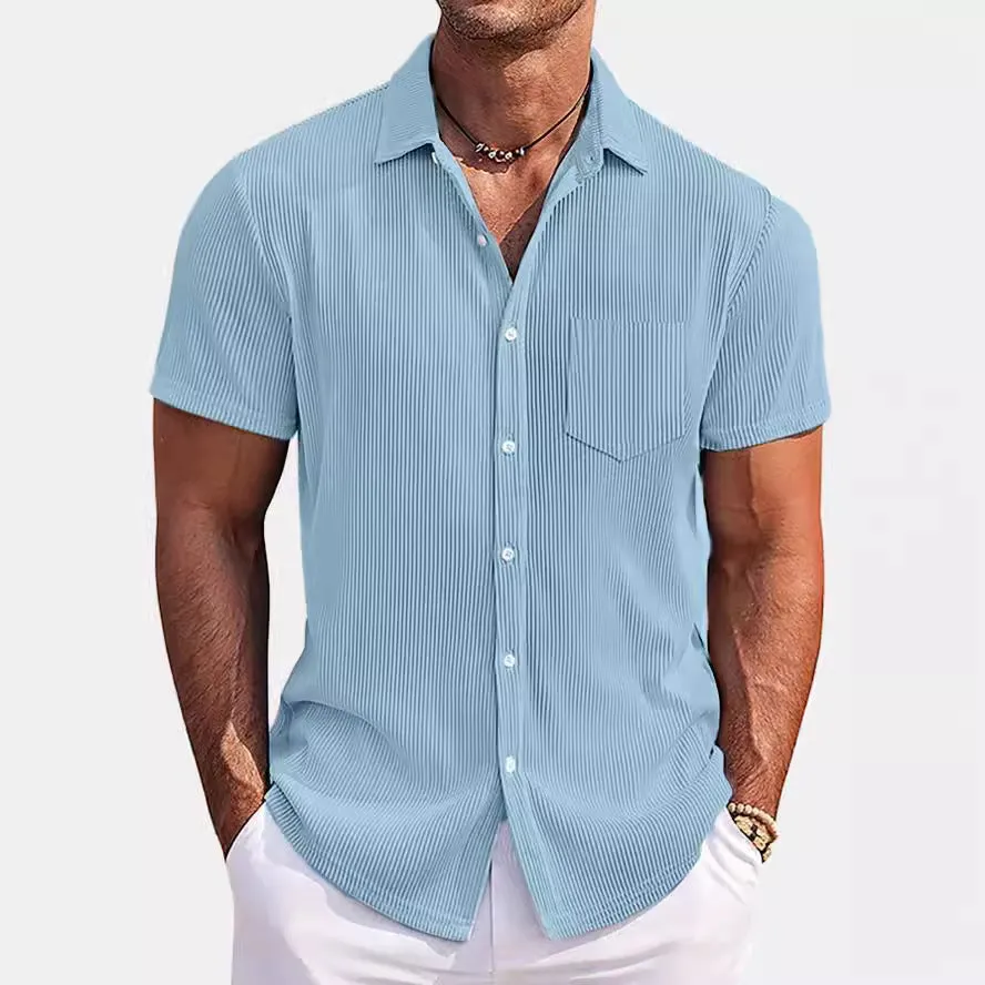 Men's loose fit short-sleeved casual shirt in a solid colour with vertical stripes.