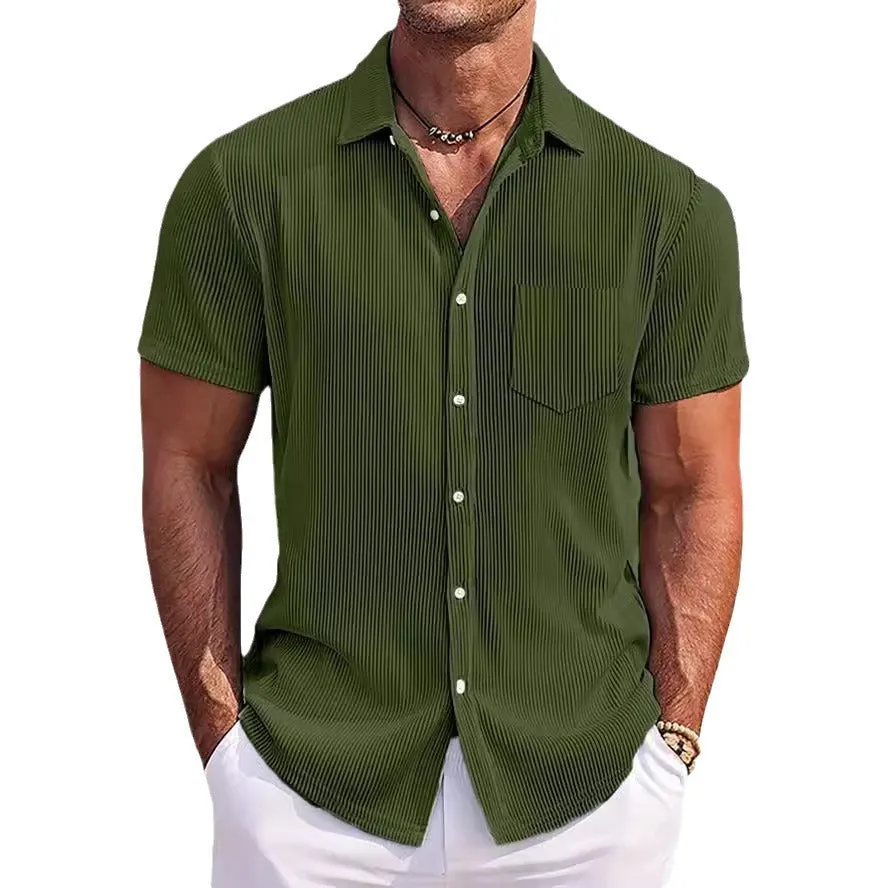 Men's loose fit short-sleeved casual shirt in a solid colour with vertical stripes.