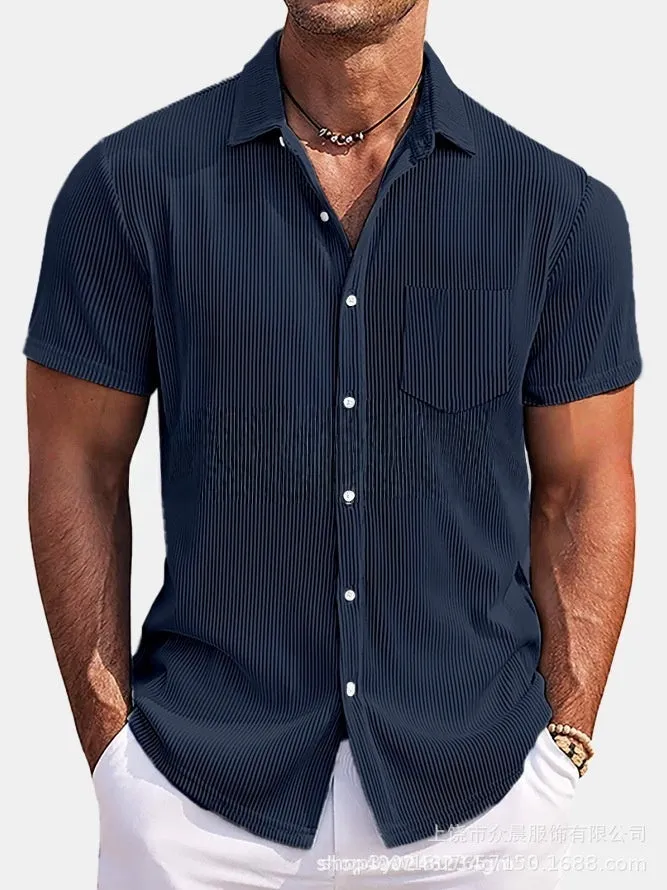 Men's loose fit short-sleeved casual shirt in a solid colour with vertical stripes.