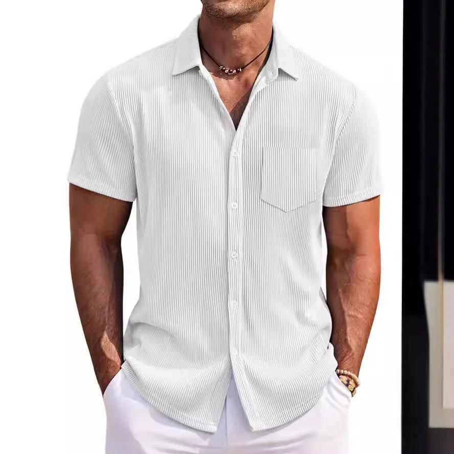 Men's loose fit short-sleeved casual shirt in a solid colour with vertical stripes.