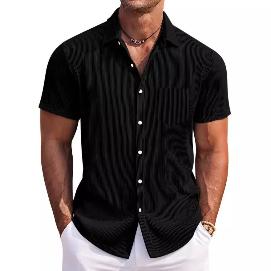 Men's loose fit short-sleeved casual shirt in a solid colour with vertical stripes.