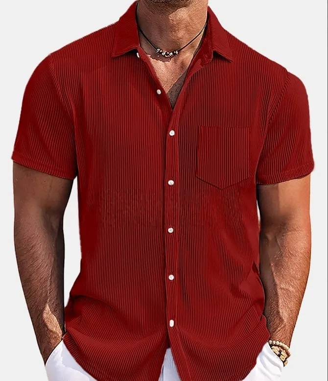 Men's loose fit short-sleeved casual shirt in a solid colour with vertical stripes.