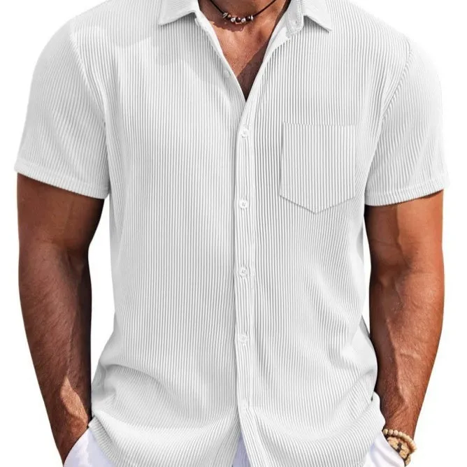 Men's loose fit short-sleeved casual shirt in a solid colour with vertical stripes.
