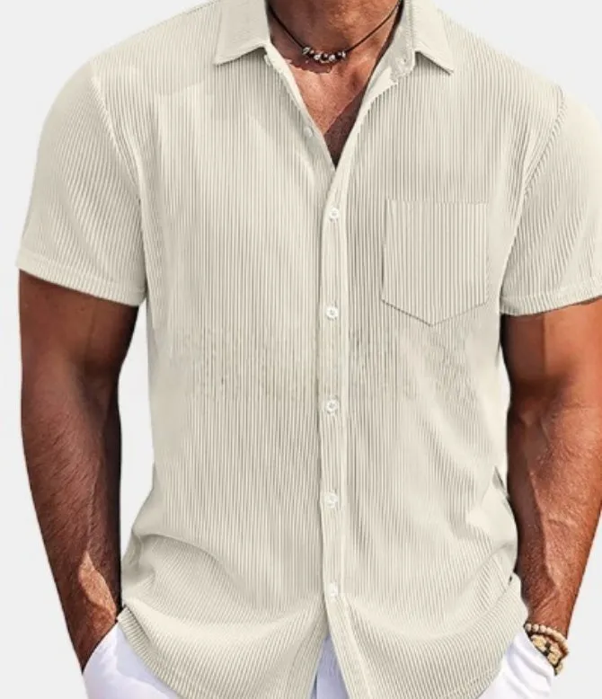 Men's loose fit short-sleeved casual shirt in a solid colour with vertical stripes.