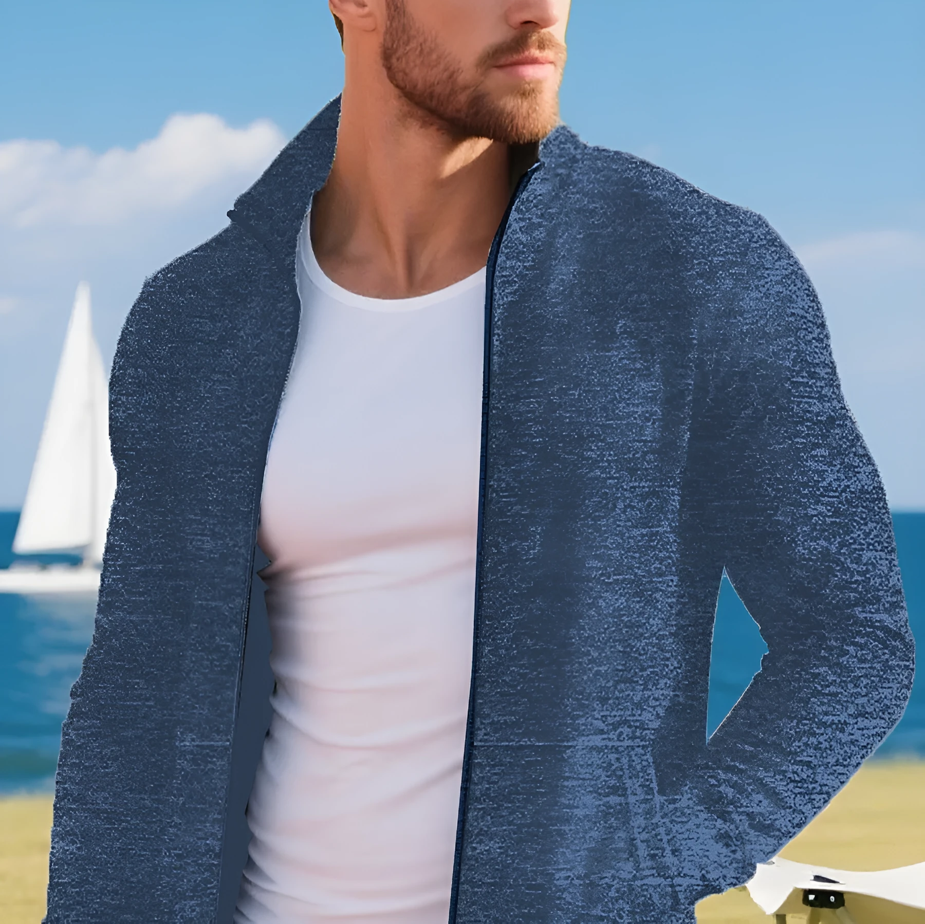Men's long zipper light fleece jacket plus size casual loose cardigan in dark gray on model