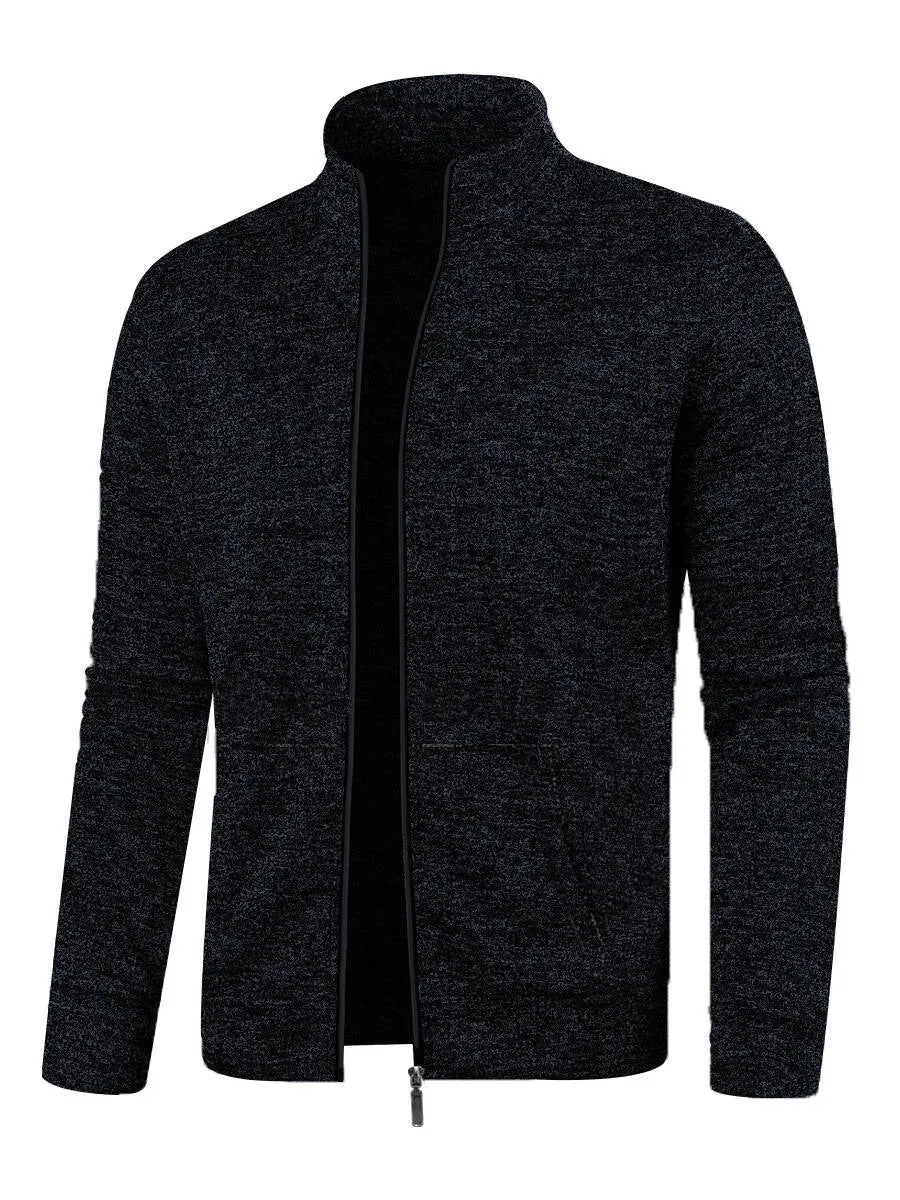 Men's long zipper light fleece jacket plus size casual loose cardigan in dark gray on model