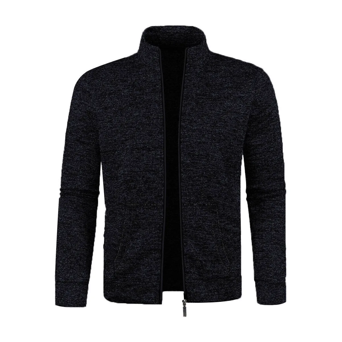 Men's long zipper light fleece jacket plus size casual loose cardigan in dark gray on model