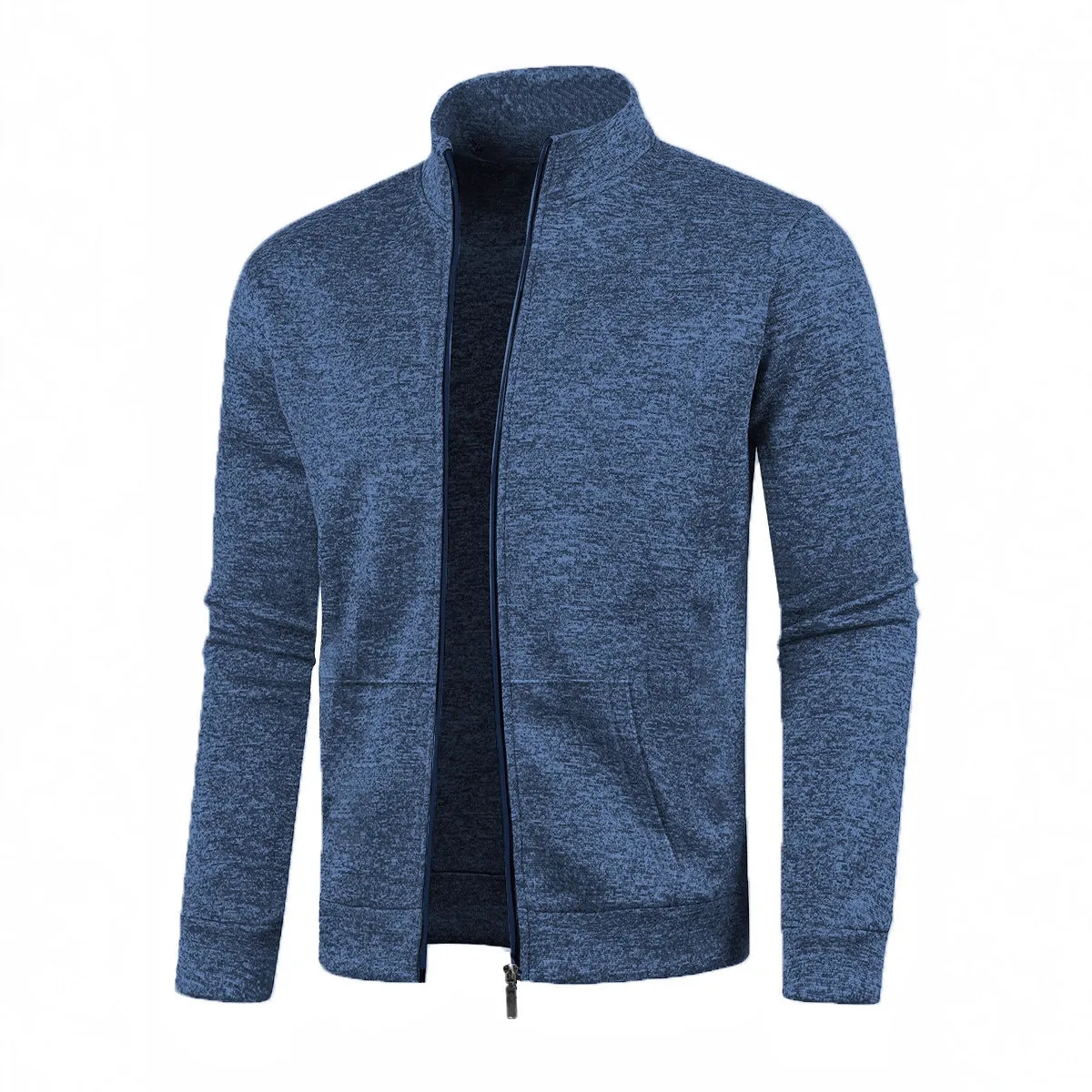 Men's long zipper light fleece jacket plus size casual loose cardigan in dark gray on model