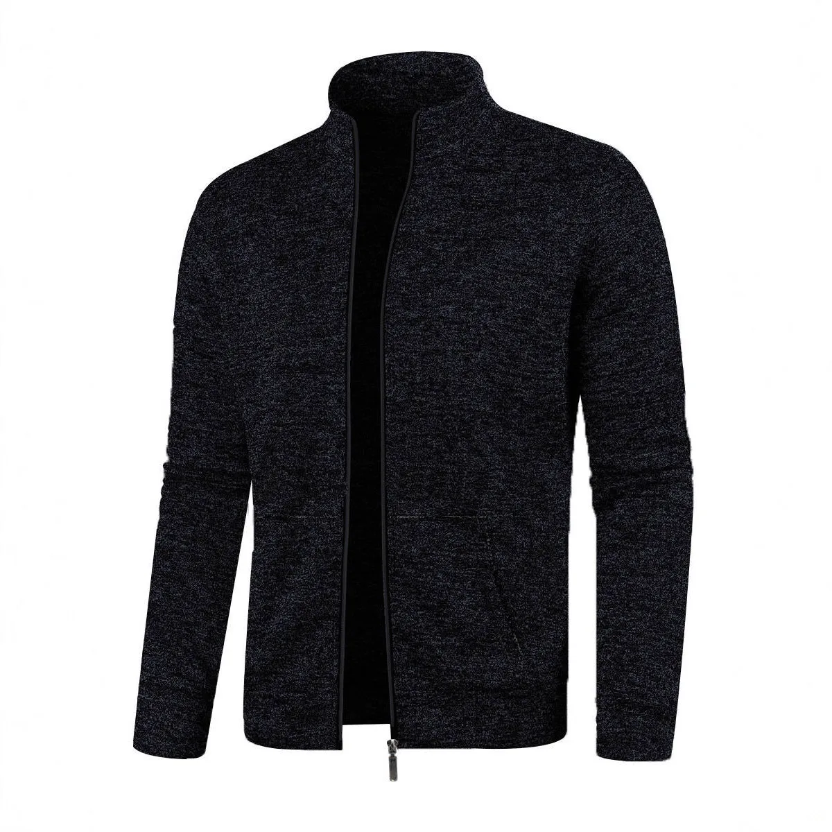Men's long zipper light fleece jacket plus size casual loose cardigan in dark gray on model