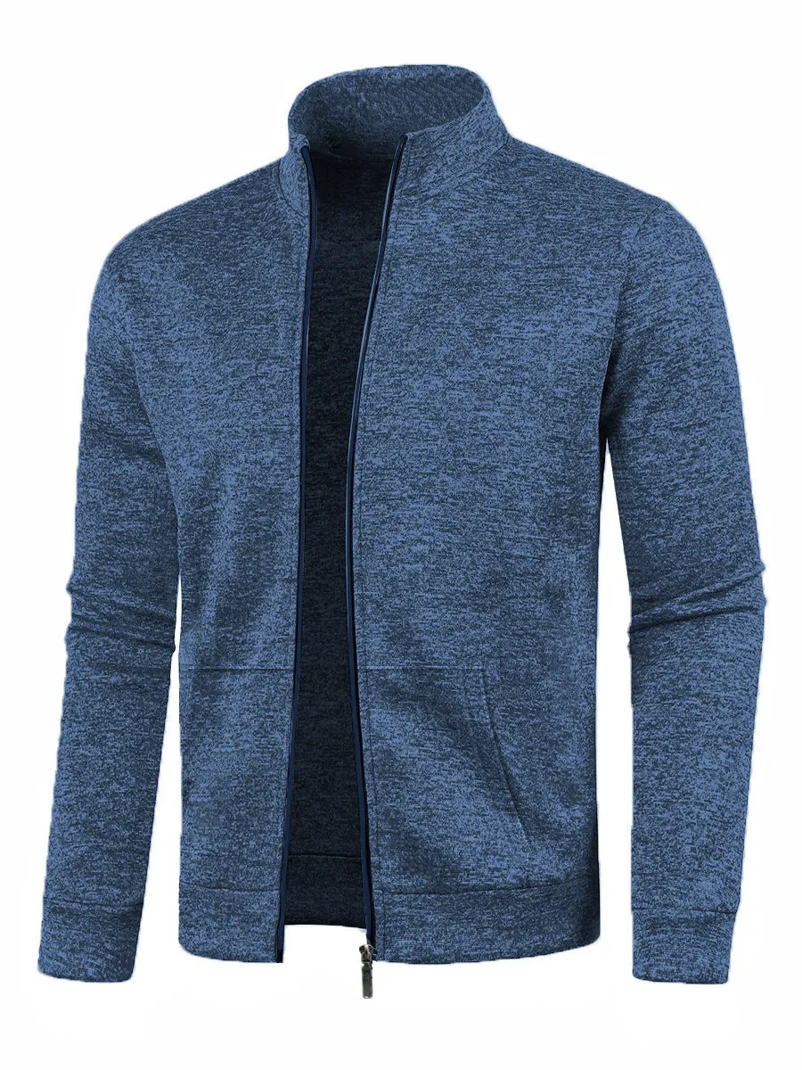 Men's long zipper light fleece jacket plus size casual loose cardigan in dark gray on model