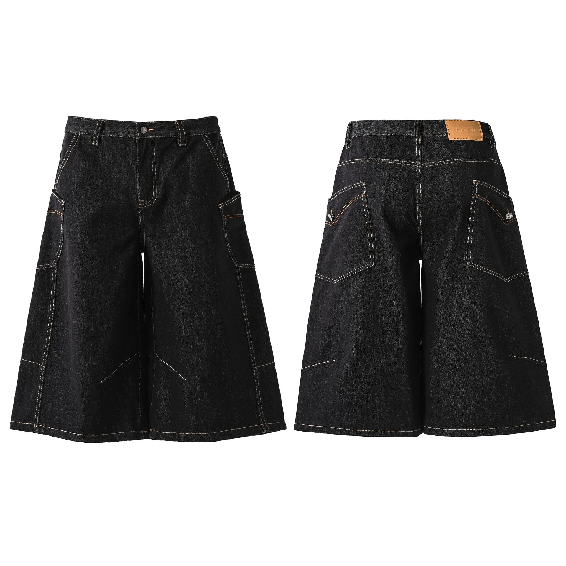 Men's retro washed black cotton denim cropped pants with straight leg and side pockets