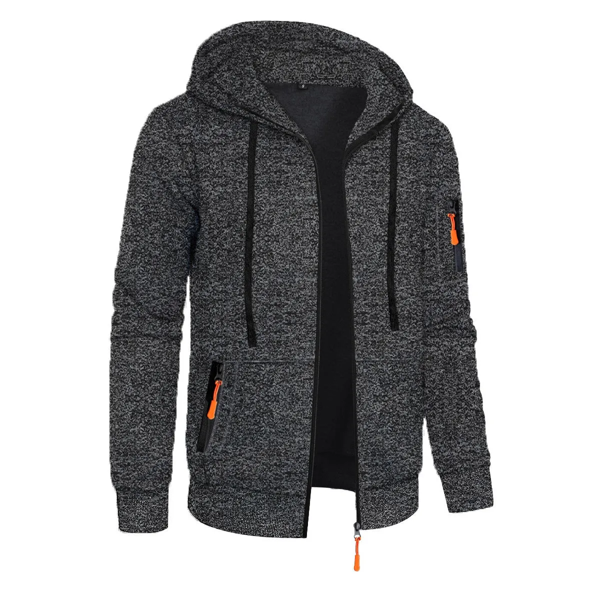 Men's loose fit polyester fibre hooded cardigan coat in solid colour jacquard knit, front view