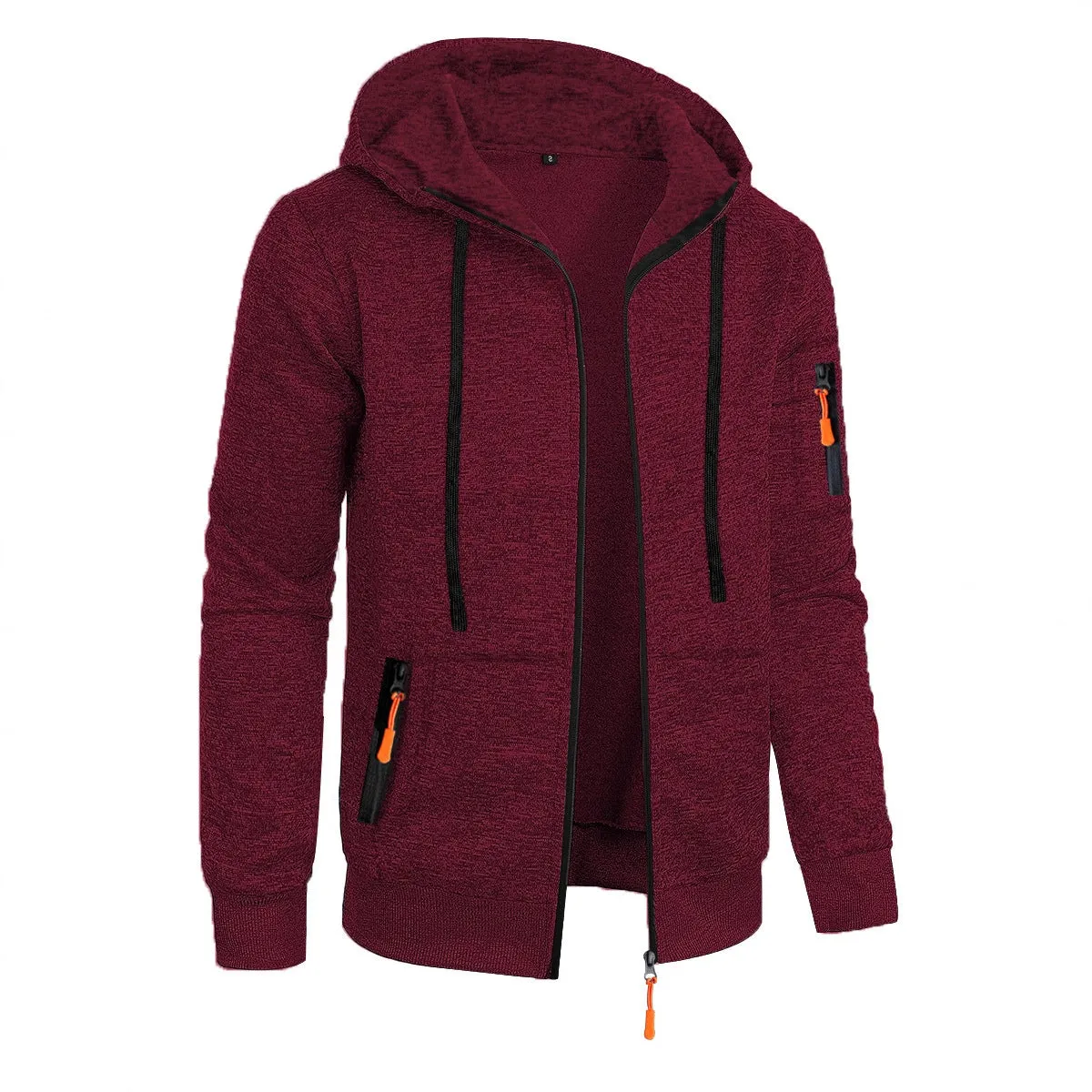 Men's loose fit polyester fibre hooded cardigan coat in solid colour jacquard knit, front view