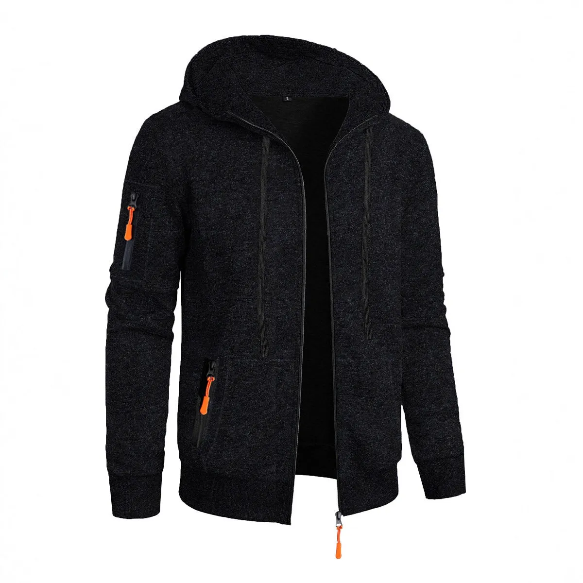 Men's loose fit polyester fibre hooded cardigan coat in solid colour jacquard knit, front view