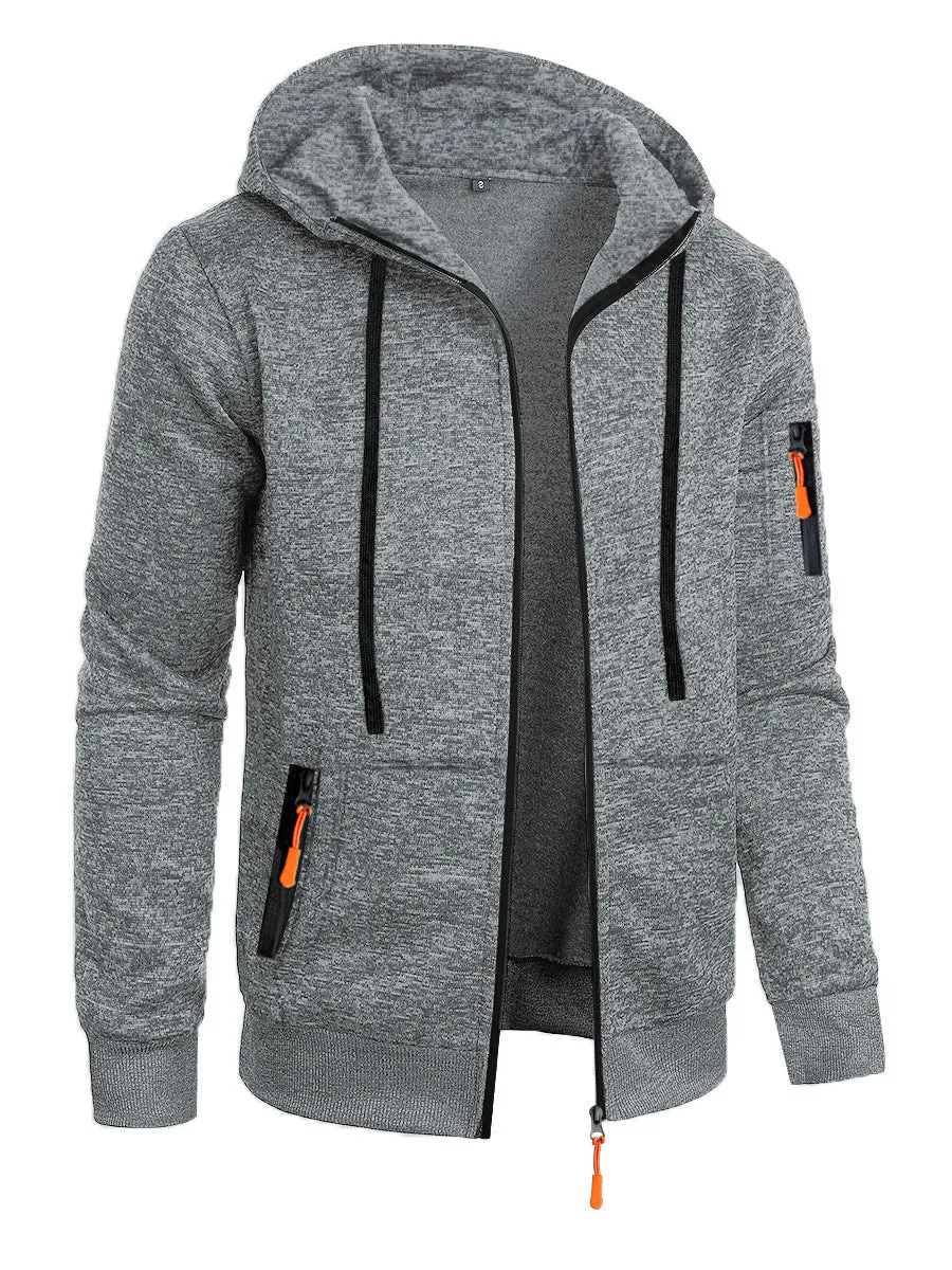Men's loose fit polyester fibre hooded cardigan coat in solid colour jacquard knit, front view