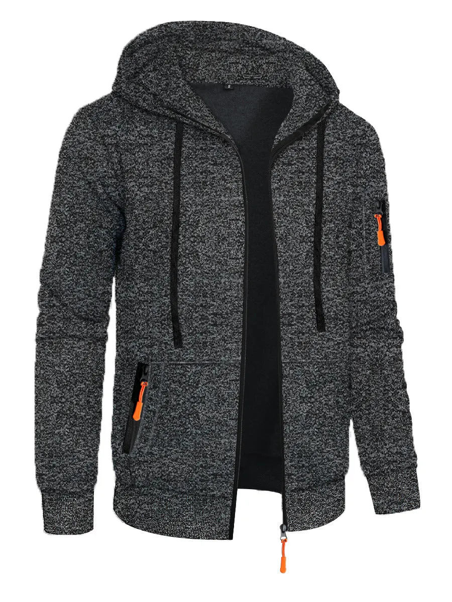 Men's loose fit polyester fibre hooded cardigan coat in solid colour jacquard knit, front view