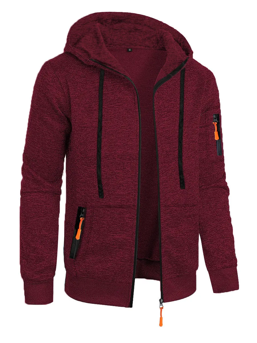 Men's loose fit polyester fibre hooded cardigan coat in solid colour jacquard knit, front view